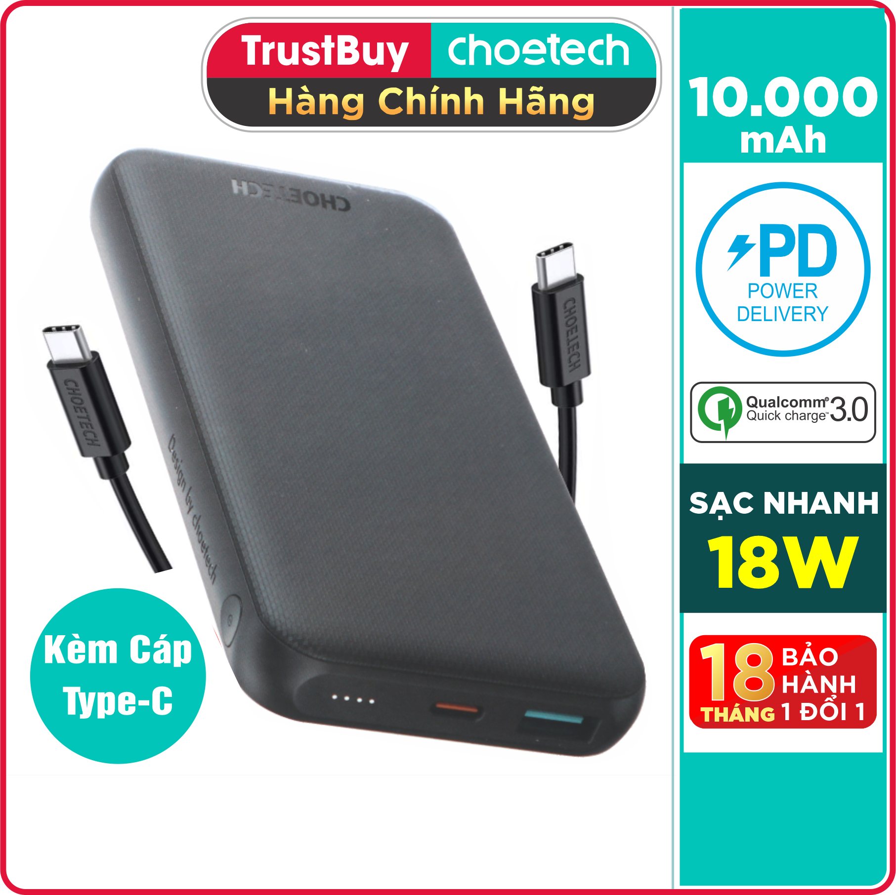 Pin Sạc Dự Phòng 10000mAh In/Out Type C PD 18W, QC 3.0 18W CHOETECH B627 Kèm Cáp Type C to C 30W - Hàng Chính Hãng