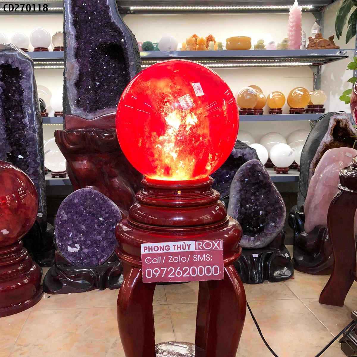 Quả Cầu Obsidian đỏ 2A 15,9Kg - 24cm Trên Đôn gỗ có đèn xoay tự động