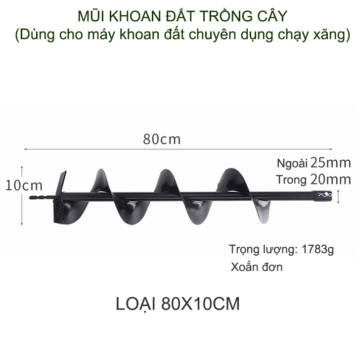 01 Mũi khoan đất trồng cây, loại đường kính 10-15cm, dài 80cm, xoắn đơn, dùng cho máy khoan chuyên dụng
