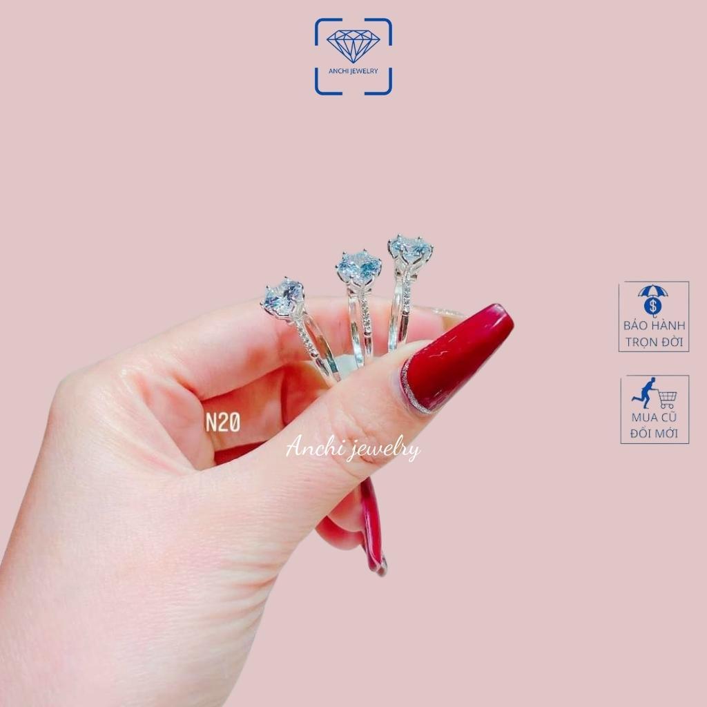 Nhẫn bạc trơn đính đá tròn nhỏ nhô cao màu trắng, nhẫn nữ bạc thật, Anchi jewelry