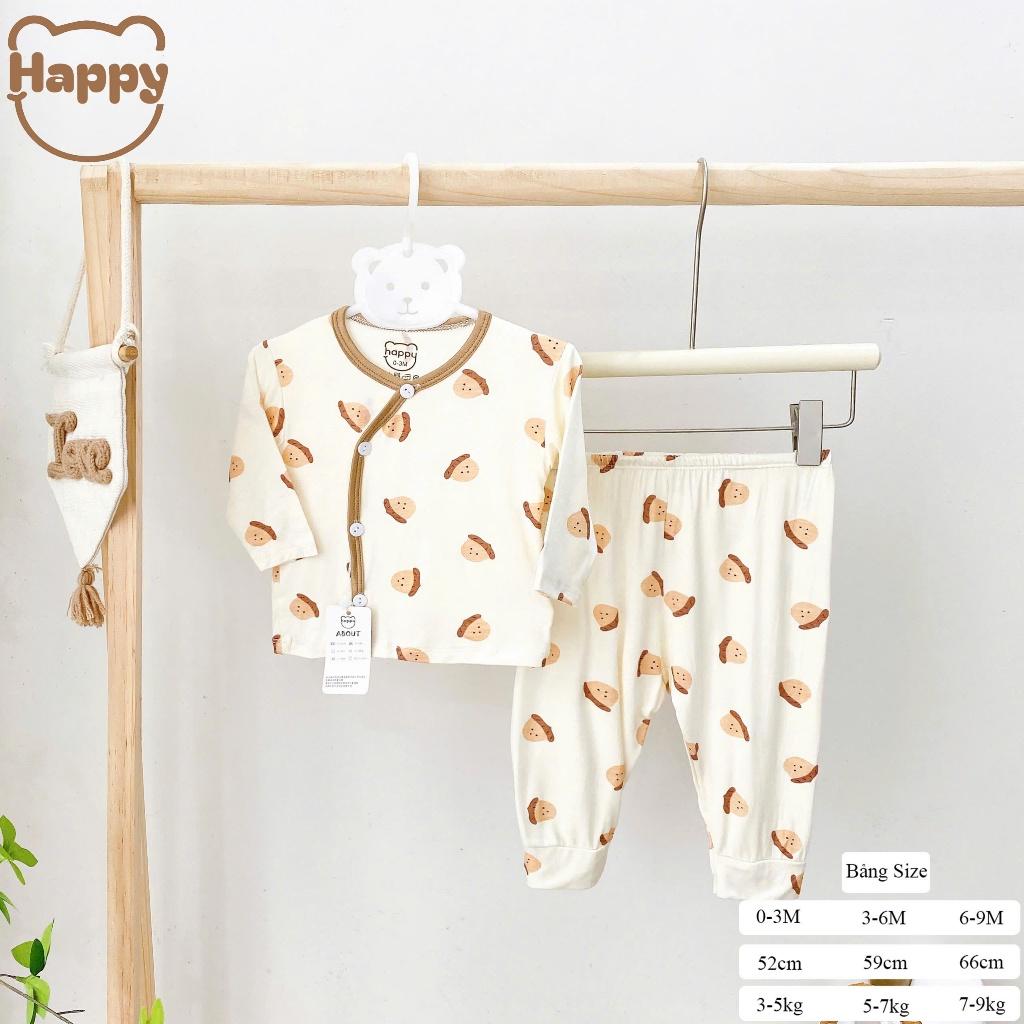[3-8kg] Bộ Quần Áo Sơ Sinh Dài Tay Thun Lạnh NỀN KEM VIỀN NÂU Mềm, Mát, Có Đáp Đũng Mặc Tã Thoải Mái - Gấu Sao
