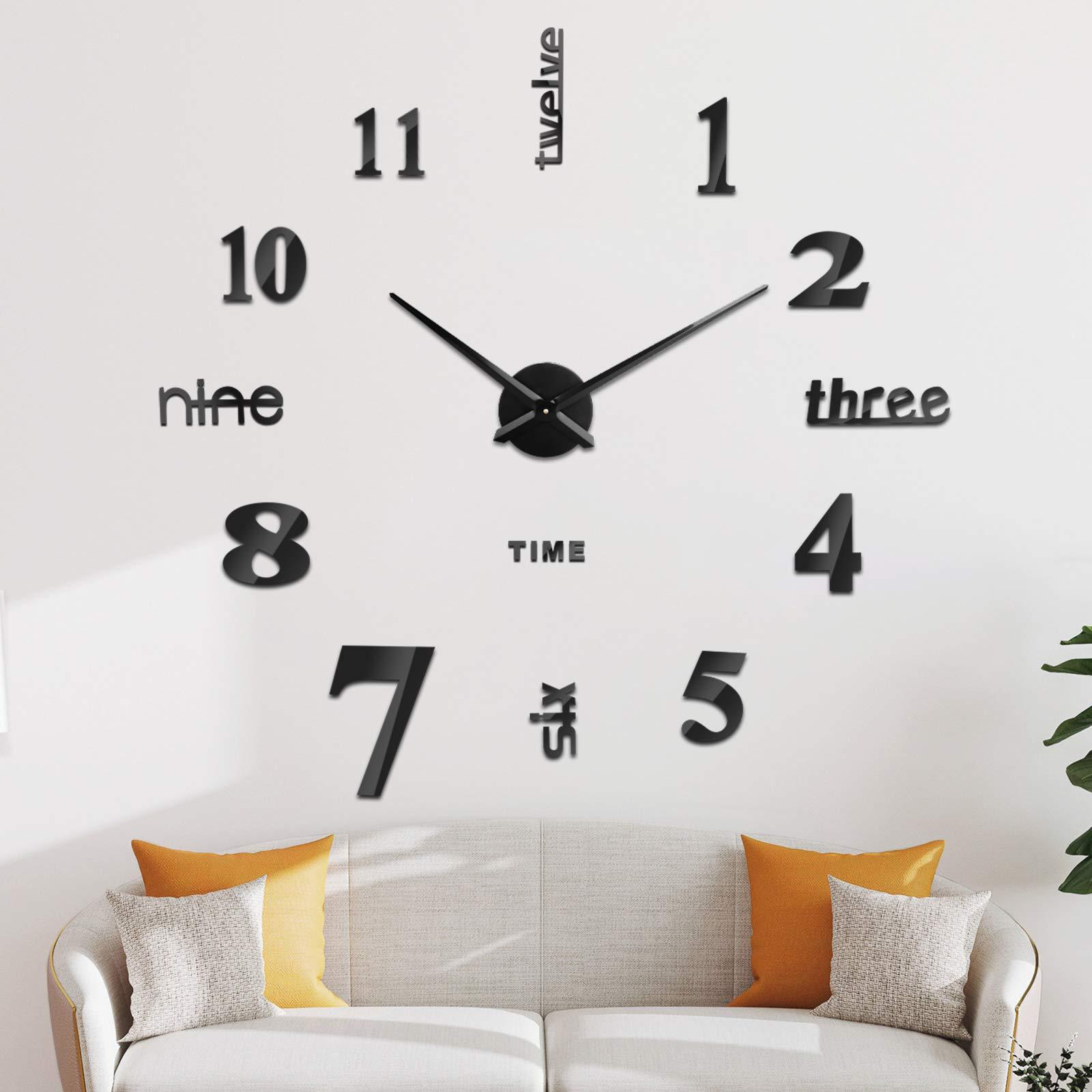 Đồng hồ treo tường 3D, đồng hồ treo tường kỹ thuật số DIY, chuyển động im lặng, đồng hồ treo tường hiện đại, đồng hồ treo tường khổng lồ cho phòng khách phòng ngủ , màu đen