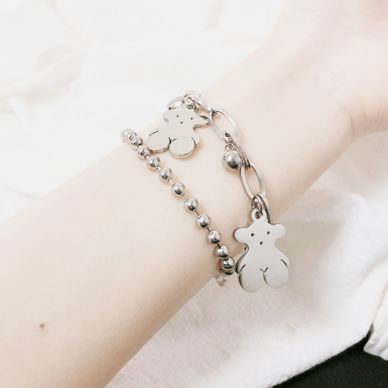 Lắc tay vòng đeo tay 2 tầng xích titan hình gấu sáng tạo