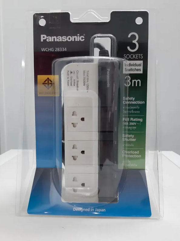 Ổ cắm Panasonic WCHG28334 3500W 3 ổ cắm 3 công tắc dây dài 3M (tặng phích chuyển MPE AD1) - Hàng chính hãng