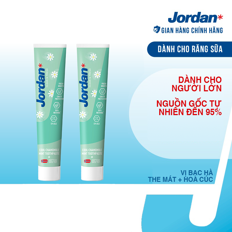 Combo 2 Kem đánh răng cho ngưởi lớn vị bạc hà hoa cúc Jordan Clean &amp; Fresh Cool - 75g