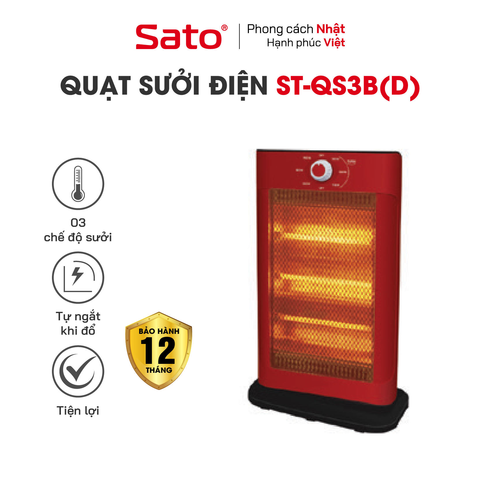 Quạt sưởi SATO ST-QS3B(D) - Chức năng sưởi ấm bằng hồng ngoại không gây khó thở và khô da, chống chói mắt. Chế độ tự ngắt điện khi quạt bị nghiêng hay đổ - Miễn phí vận chuyển toàn quốc- Hàng chính hãng