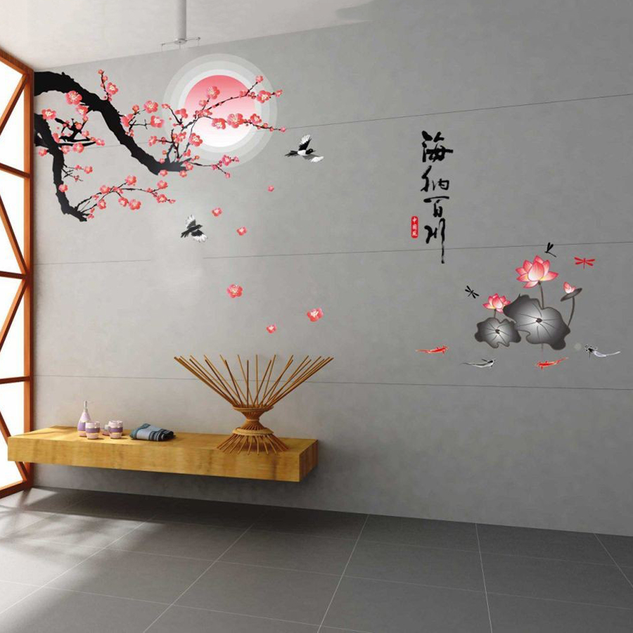 Decal Dán Tường Cành Đào Và Hoa Sen Binbin PK252