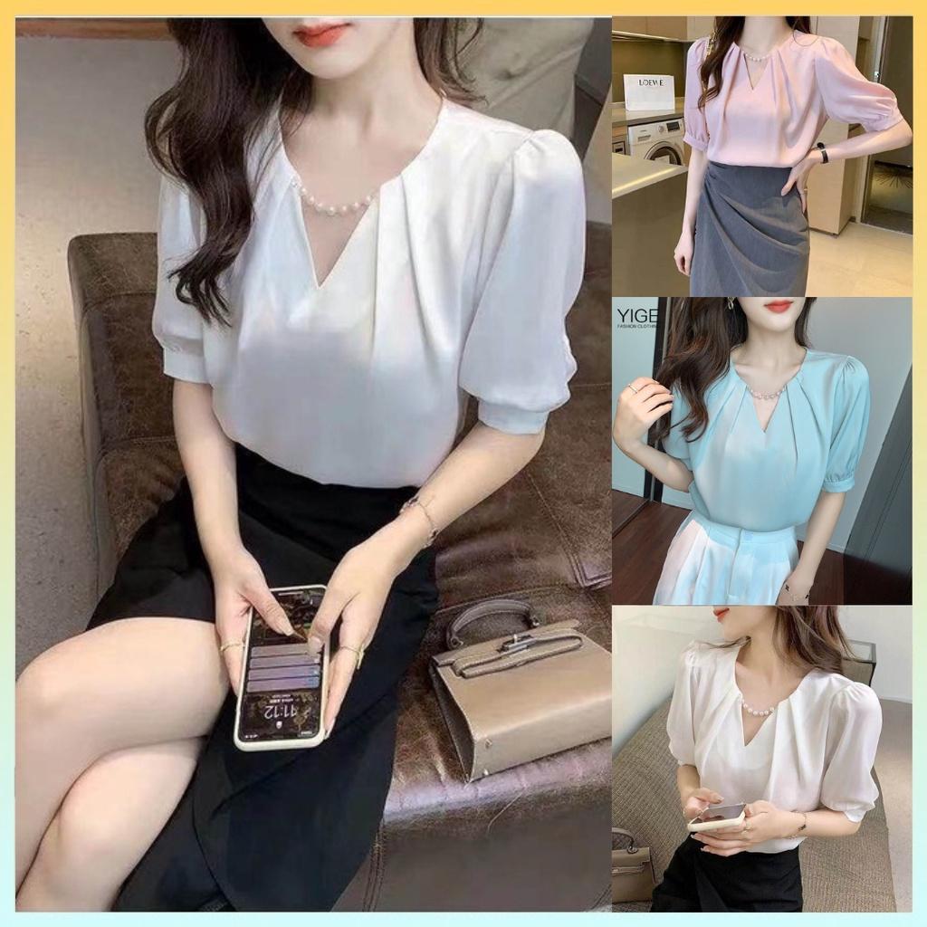 Áo sơ mi kiểu nữ cổ V đính VÒNG NGỌC tay lửng sang trọng