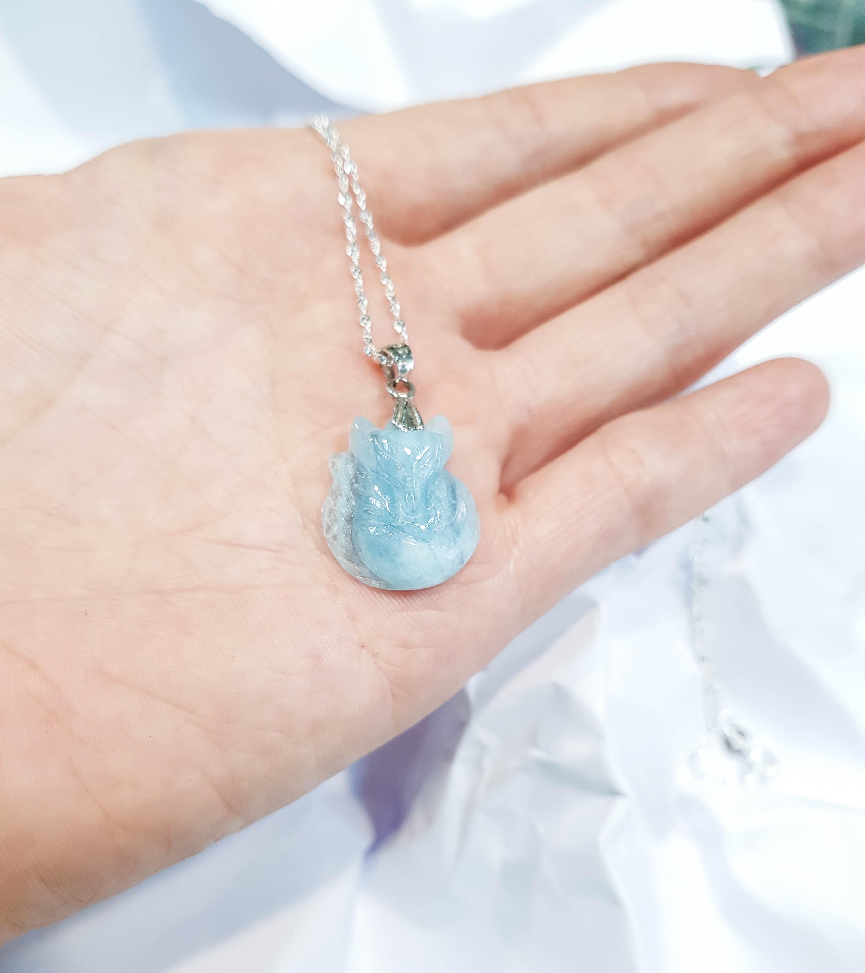 Dây chuyền bạc và Hồ Ly đá Aquamarine