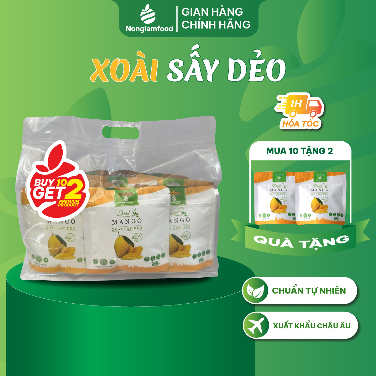 [Mua 10 tặng 2] Combo 10 túi xoài sấy dẻo Nonglamfood 75g | Ăn vặt tốt cho sức khỏe