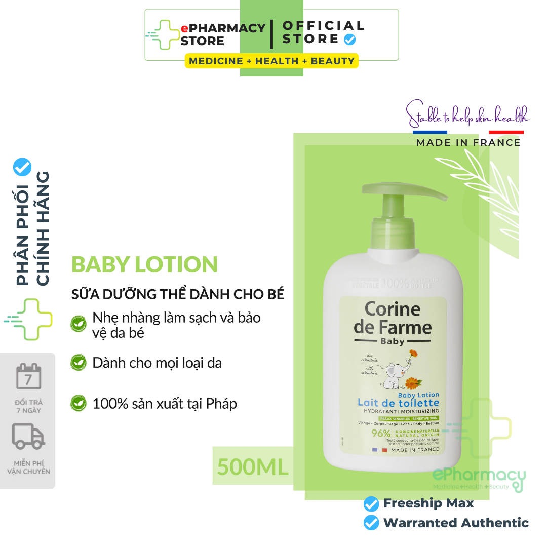 Sữa dưỡng thể cho bé CORINE DE FARME BABY LOTION dưỡng ẩm an toàn cho bé yêu