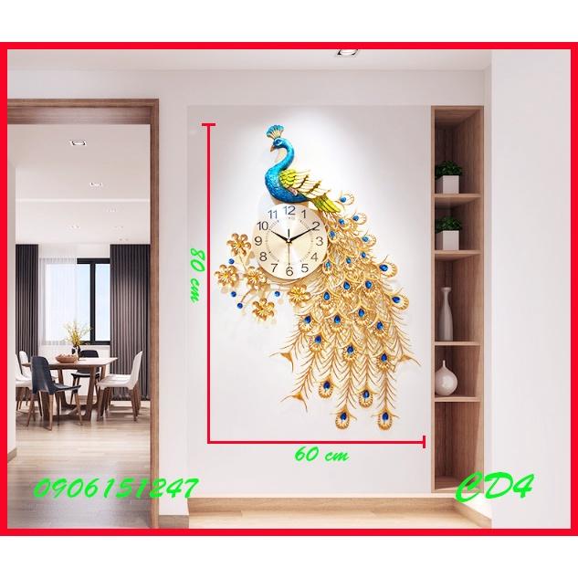 Đồng hồ treo tường trang trí decor chim công CD4 Khổng Tước vàng kích thước 80 x 60 cm