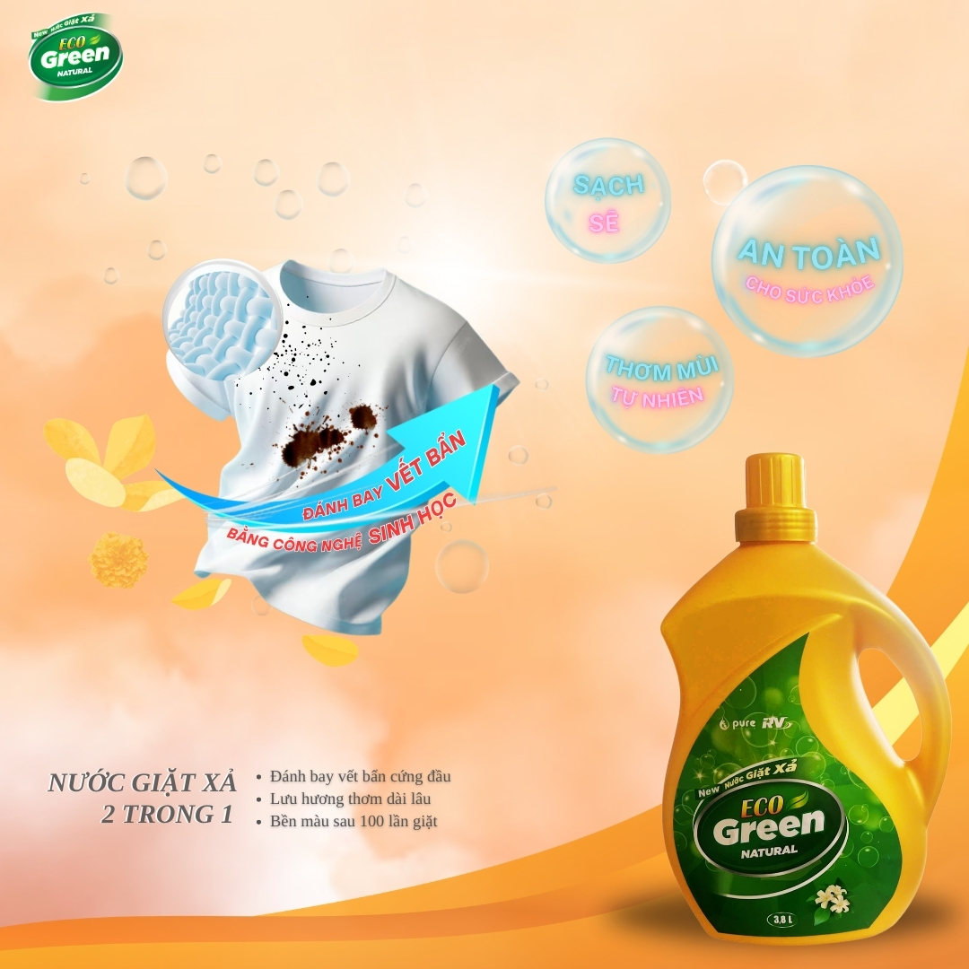 Nước Giặt Xả Sinh Học EcoGreen Natural - Đánh Bay Vết Bẩn Cứng Đầu, Lưu Hương Dài Lâu - 3.8L