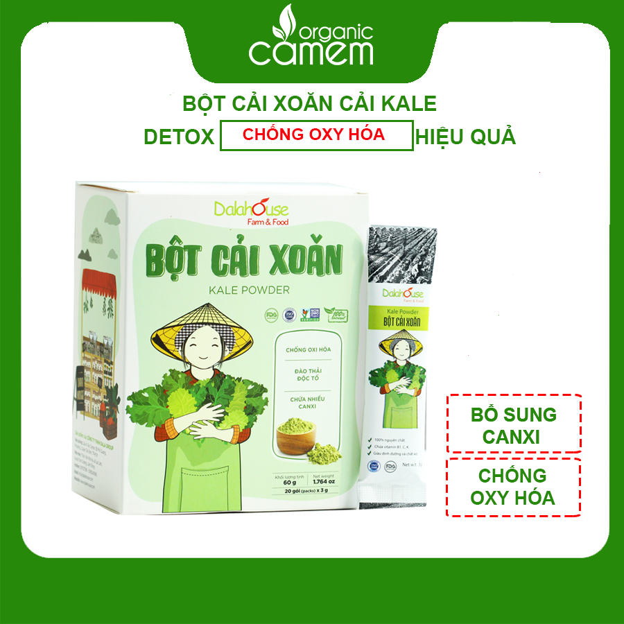 Bột cải xoăn hữu cơ sấy lạnh Dalahouse - Hộp 20 gói 3gr tiện lợi - Đào thải độc tố, chống ô xy hóa, bổ sung can xi hữu cơ cho cơ thể