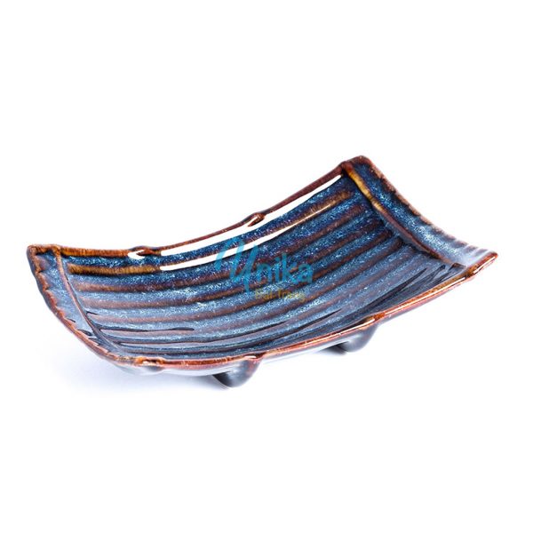 Khay nan mmen xanh sóng biển 4 size - Đĩa hình nan men xanh hỏa biến - Gốm sứ Bát Tràng