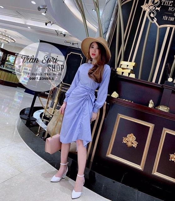 Đầm suông sọc tay phồng tà rút dây S.Free