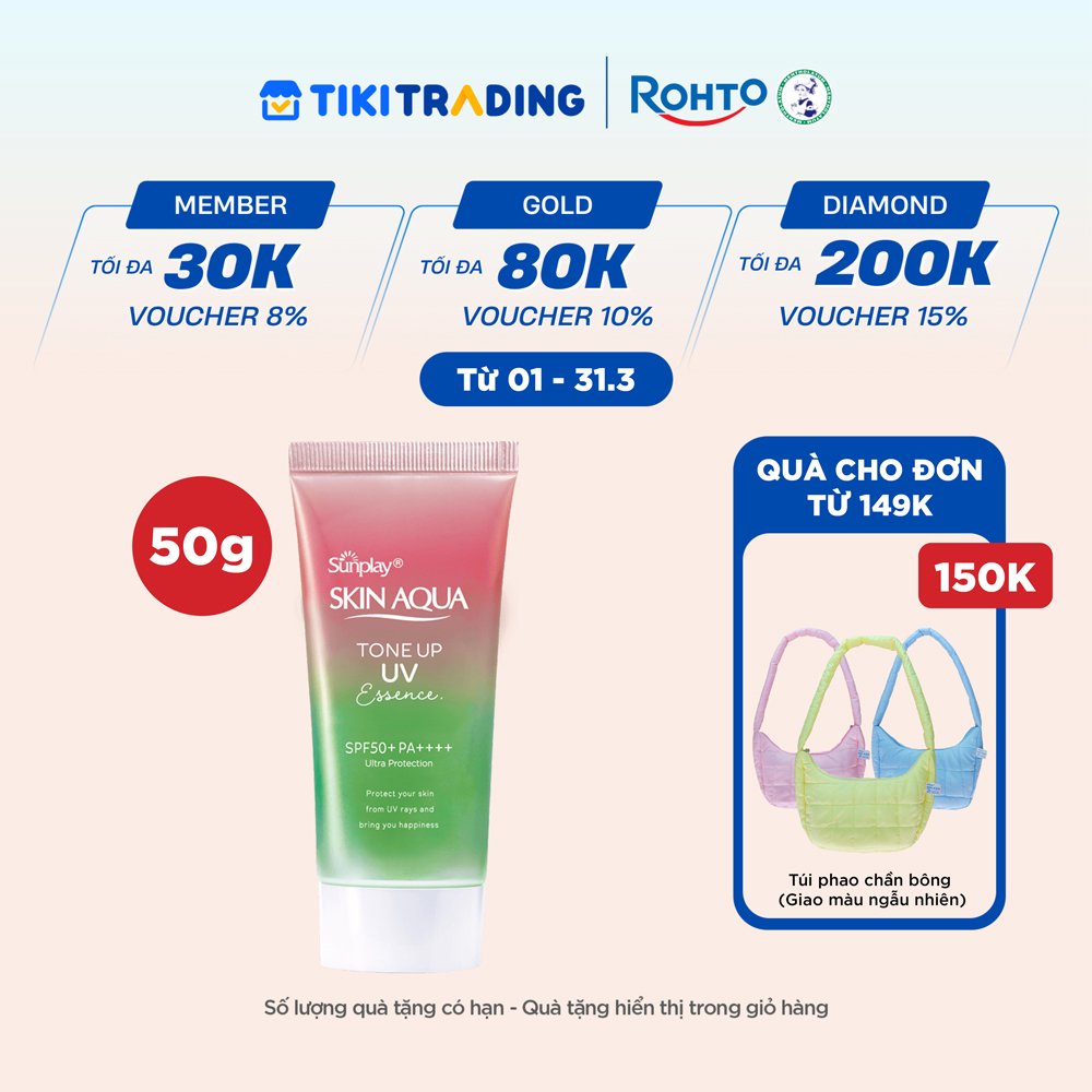 Kem chống nắng nâng tông Skin Aqua Tone up Rose cho da trắng, khuyết điểm xanh hoặc tái xanh, dạng tinh chất Sunplay Skin Aqua Tone Up UV Essence Happiness Aura Rose SPF 50 PA 50g