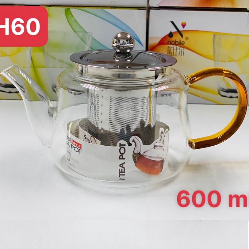 Ấm Pha Trà Thủy Tinh Chịu Nhiệt 600 ml Có Lõi Lọc  inox 304 , Quai Vàng Cao Cấp