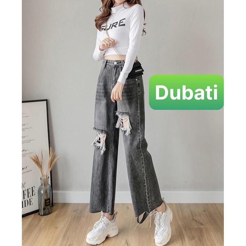 QUẦN BAGGY JEAN NỮ CẠP RÁCH ỐNG RỘNG LOE LƯNG CAO NÂNG MÔNG CAO CẤP XÁM TRO 102 - DUBATI FASHION