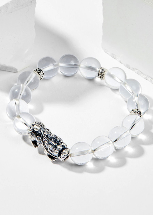 Vòng Tay Phong Thủy Đá Thạch Anh Trắng Phối Charm Tỳ Hưu Bạc  Mệnh Kim, Thủy Ngọc Quý Gemstones
