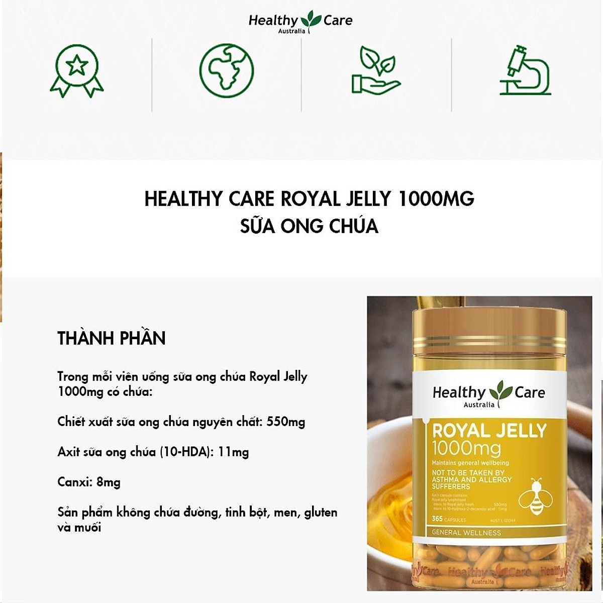 Sữa Ong chúa Healthy Care Royal Jelly Úc Hỗ trợ đẹp da, làm chậm quá trình lão hóa, giảm nám, tàn nhanh, tăng sức khỏe tổng thể - OZ Slim Store