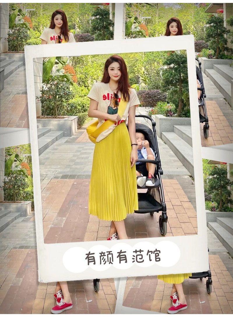 DONGSHOP Váy Hồng Kông nhẹ nhàng, hoạt bát, áo thun ngắn tay, thắt lưng mềm mại, váy xếp nếp, con cái mùa hè.