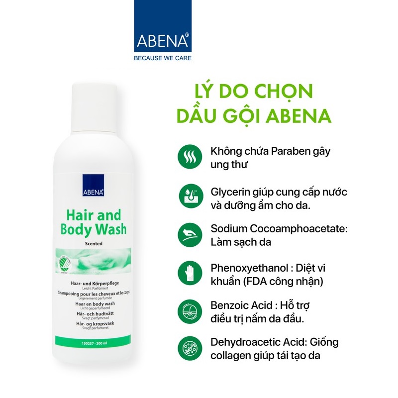 Dầu gội, tắm khô làm sạch và dưỡng ẩm - Nhập khẩu Đan Mạch Abena Hair &amp; Body Wash (200ml)