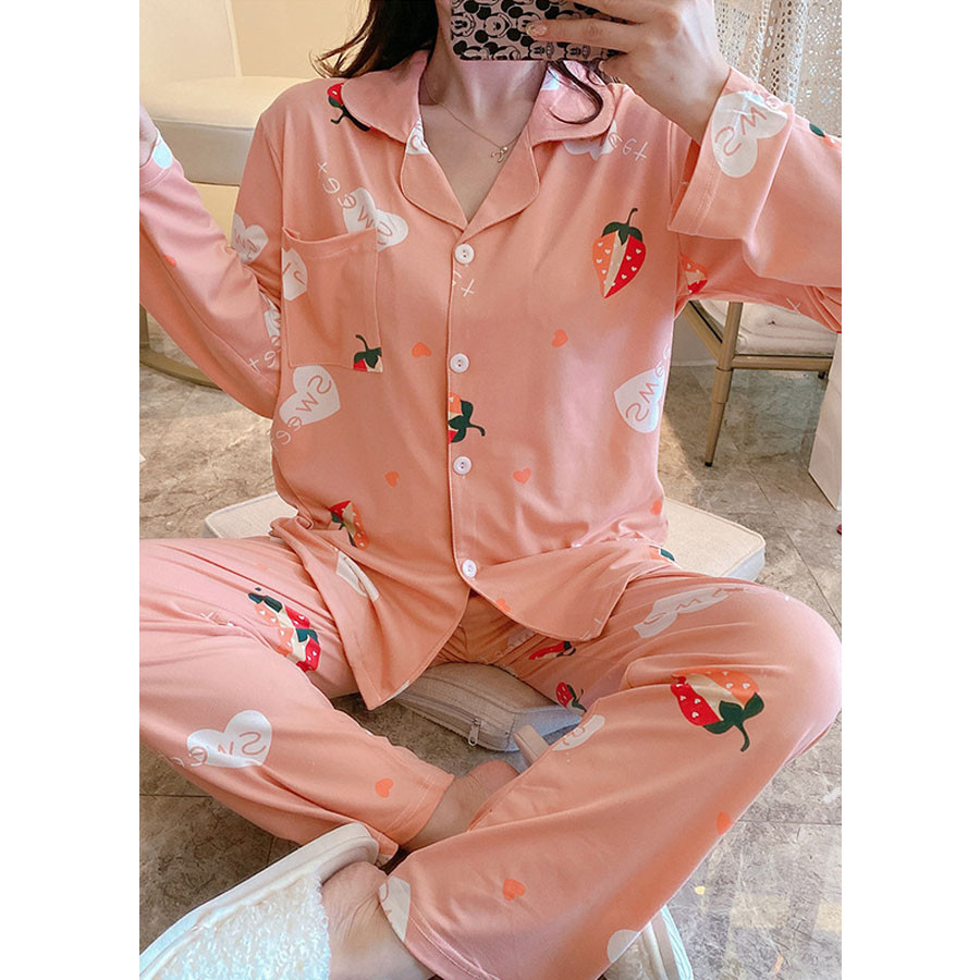 Đồ mặc nhà đồ ngủ cao cấp pijama cho nữ cottong lông thỏ màu hồng có cổ quần dài áo dài thu đông họa tiết dâu tây đáng yêu 2020