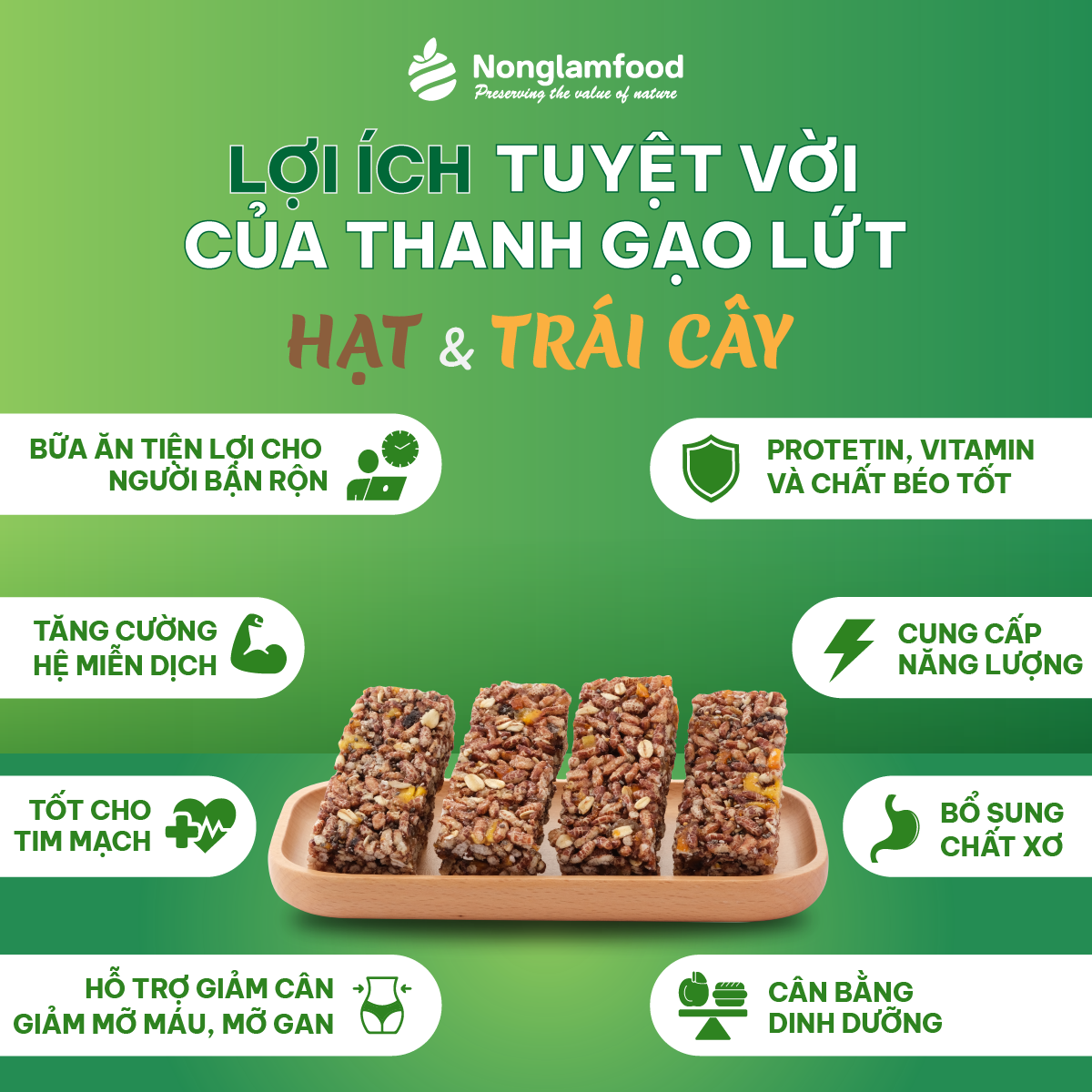 [THUẦN CHAY] Thanh năng lượng gạo lứt ngũ cốc Hạt và Trái Cây Nonglamfood hộp 8 thanh 136g