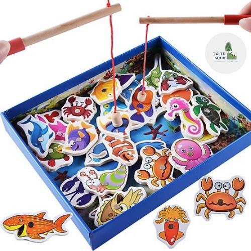 Bộ câu cá nam châm 32 con bằng gỗ, vừa chơi vừa học từ vựng tiếng Anh thông qua tên các loài cá.
