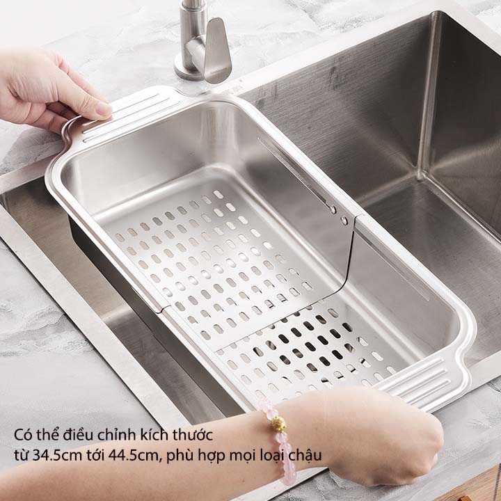 Khay rổ inox 304 gác chậu bếp thông minh xếp gọn, để đồ đa năng