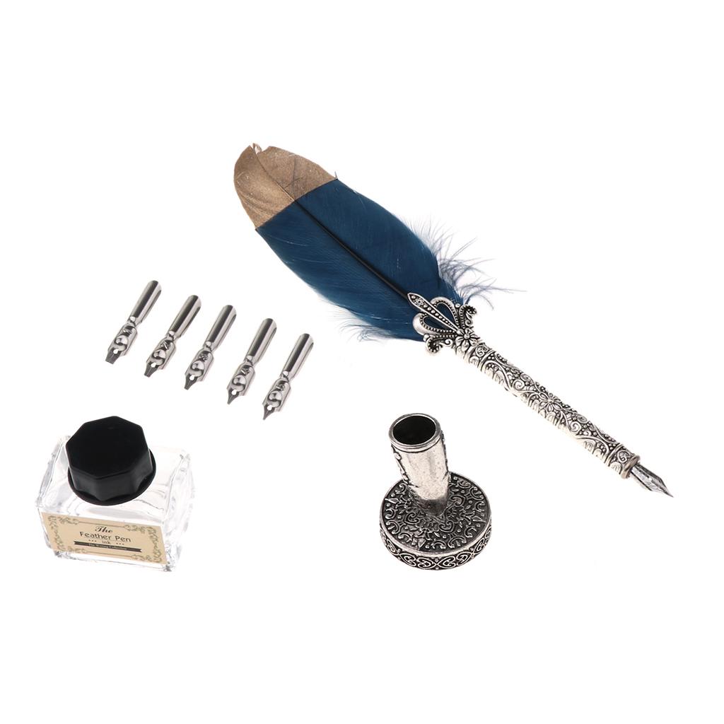 Antique Feather Dip Fountain Pen Calligraphy Set w Holder 5 Nib