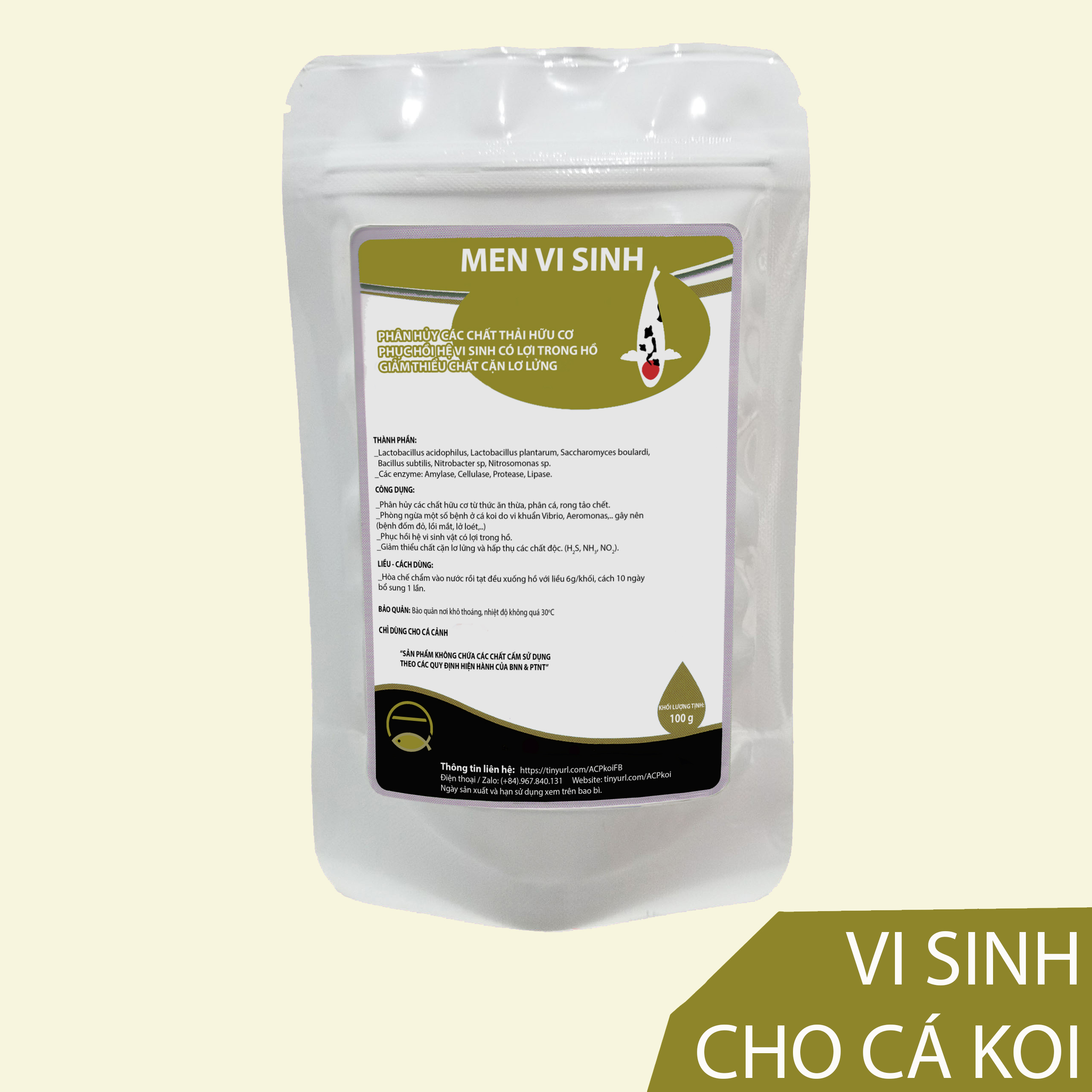 Men vi sinh dành cho cá Koi, chép nhật 100gr Phân hủy chất thải hữu cơ, phục hồi hệ vi sinh có lợi, giúp nước sạch trong