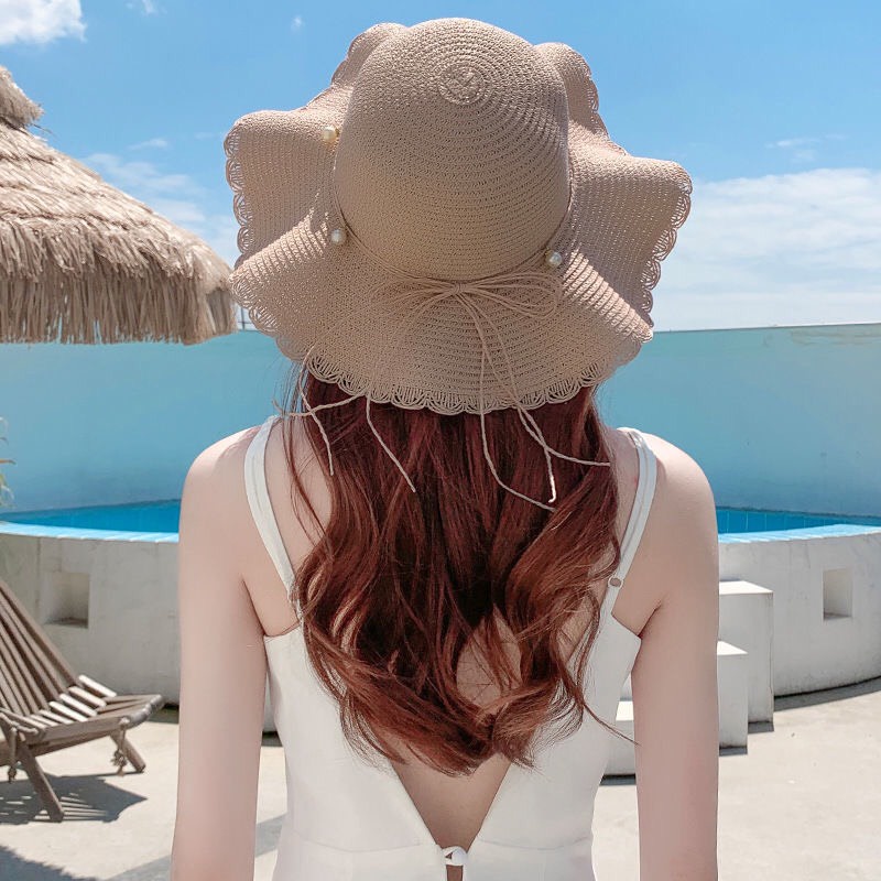Mũ cói đi biển nữ vành rộng có nơ xinh thời trang  Hàn quốc, tặng kèm kẹp tóc