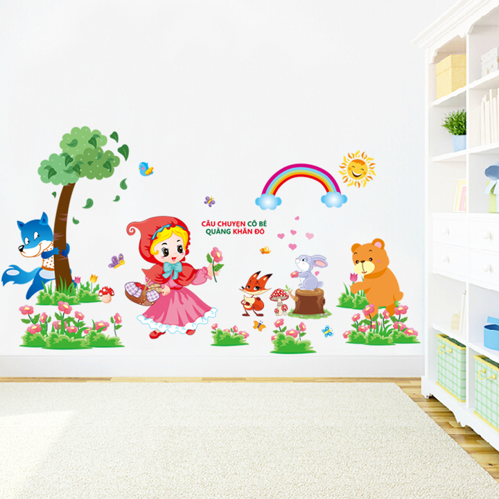 Decal dán tường chất liệu PVC loại 1 dày dặn, sắc nét, trang trí phòng ngủ cho bé- cô bé quàng khăn đỏ- mã sp LV8866