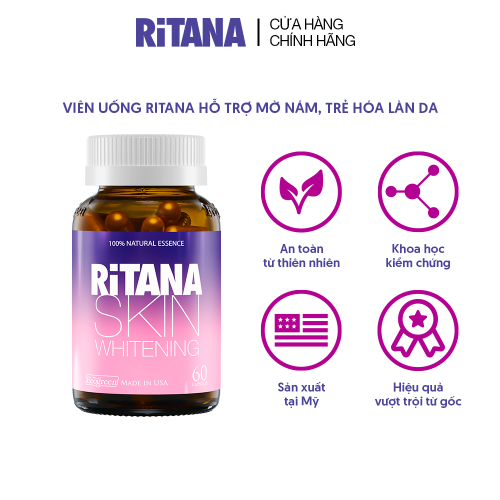 Viên uống RITANA trắng da mờ sạm nám với L-Glutathion, Sakura, Pomegranate, P.Leucotomos, collagen (60 viên)