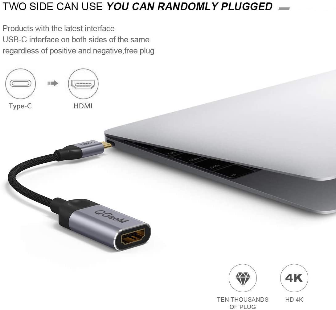 Cáp chuyển đổi Type C sang HDMI QGeeM 4K cho MacBook Pro 2018/2017, Samsung Galaxy S9/S8, Surface Book 2, Dell XPS 13/15, Pixelbook v.v-Hàng chính hãng