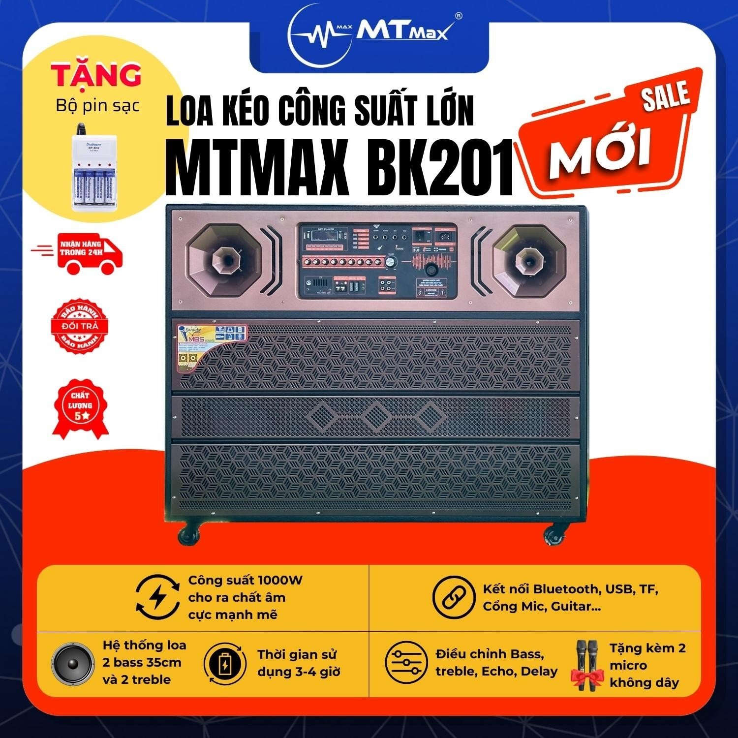 Loa Kéo MTMAX BK201 - Loa Khủng Long 2 Bass 35 Cho Ra Chất Âm Uy Lực Đi Kèm 2 Micro Cao Cấp Tặng Bộ Pin Sạc B02 hàng chính hãng