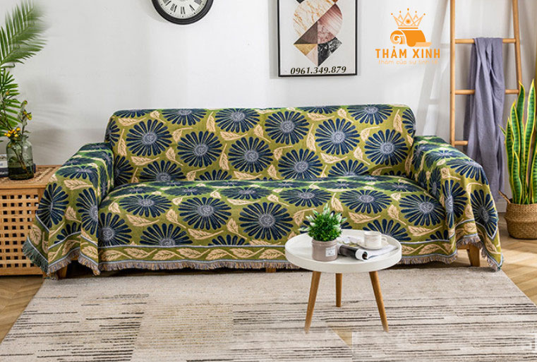 Thảm phủ sofa họa tiết thổ cẩm, Thảm vintage trải sàn phòng khách họa tiết Hoa Cúc [Size 2m3x1m8