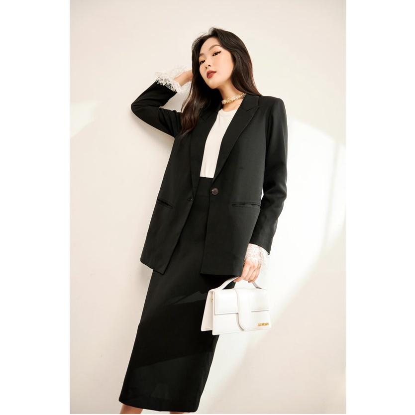 Set áo blazer phối chân váy dáng dài màu đen trang trọng