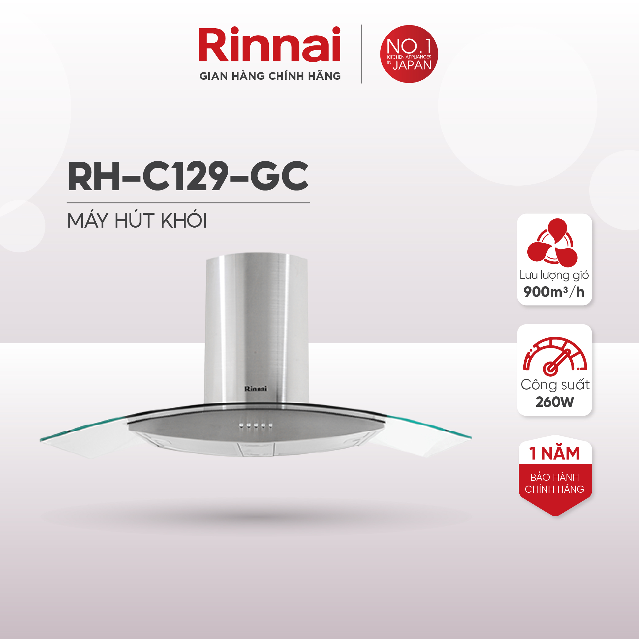 Máy hút mùi 90cm Rinnai RH-C129-GC than hoạt tính và ống thoát 260W - Hàng chính hãng.