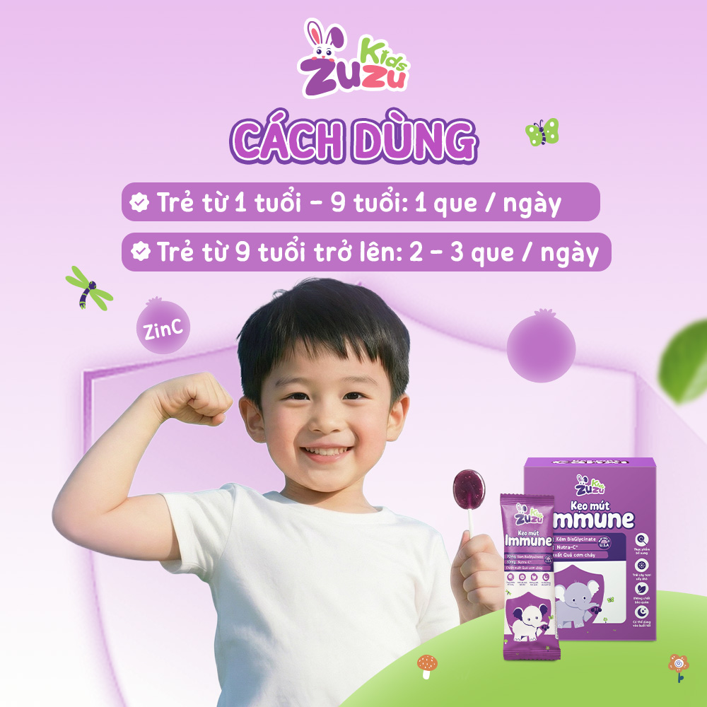 ZuZuKids Kẹo Mút Vi Chất IMMUNE Bổ Sung Kẽm Tăng Đề Kháng Cho Bé - Dây 10 que &amp; Hộp 20 que