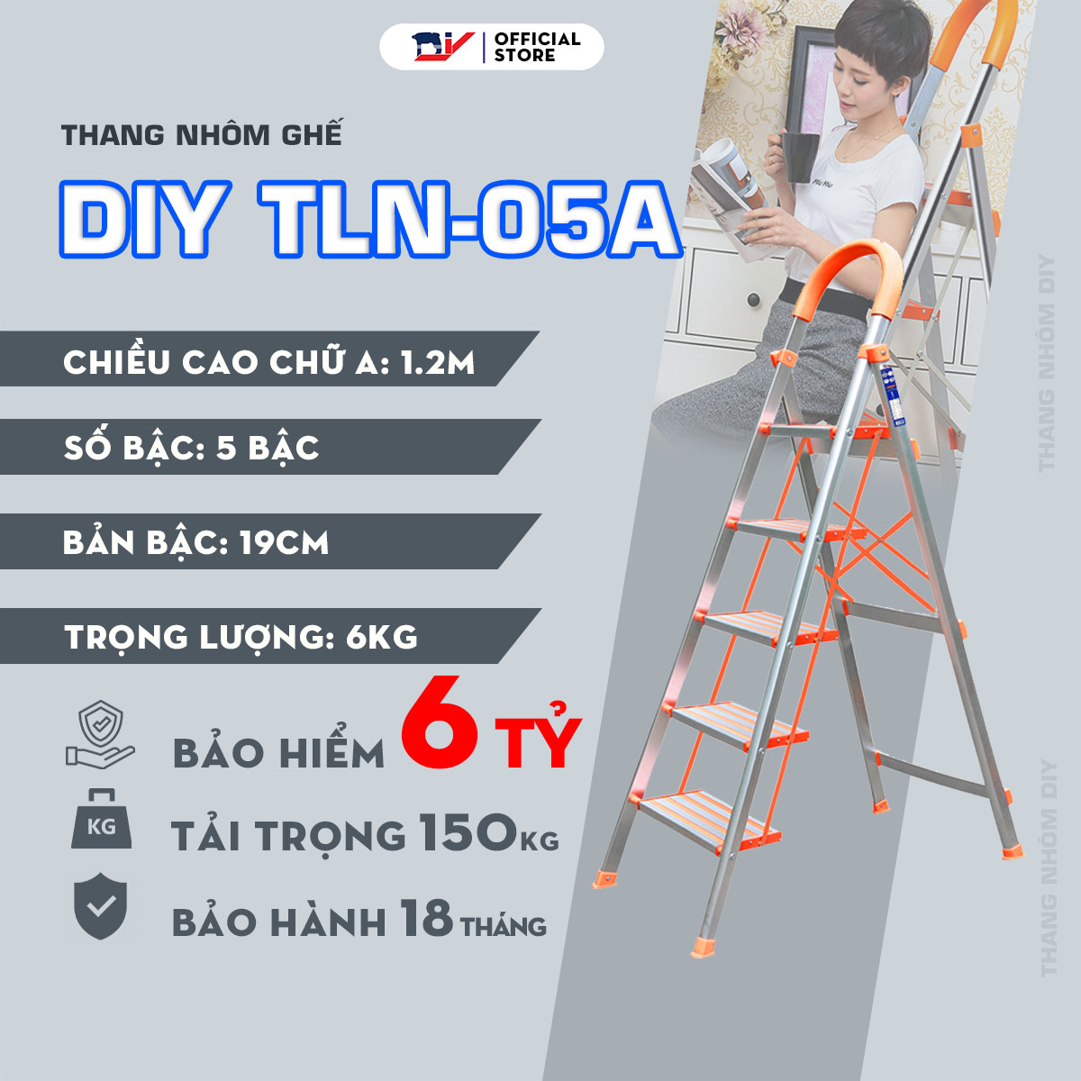 Thang ghế nhôm bản bậc rộng DIY TLN-05A ( 5 bậc )