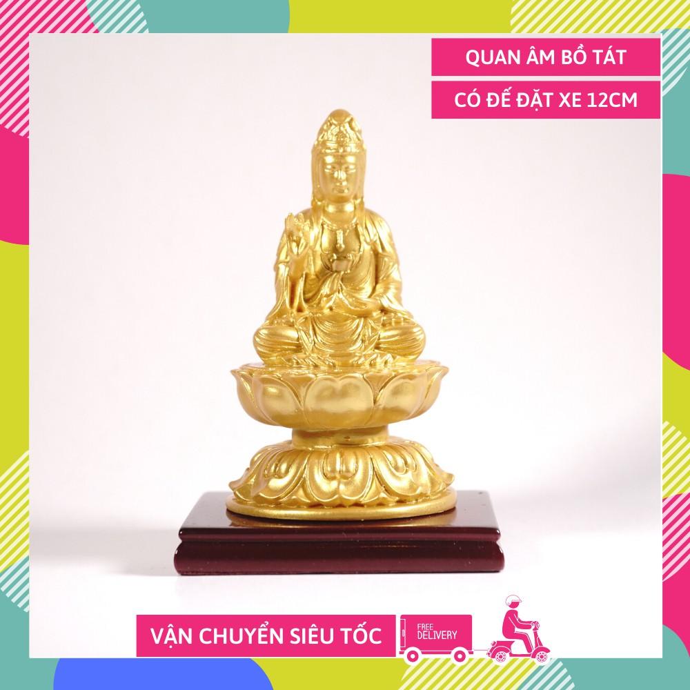 Tượng Quan Âm Bồ Tát ngồi tòa sen có đế nhũ vàng - Cao 12cm