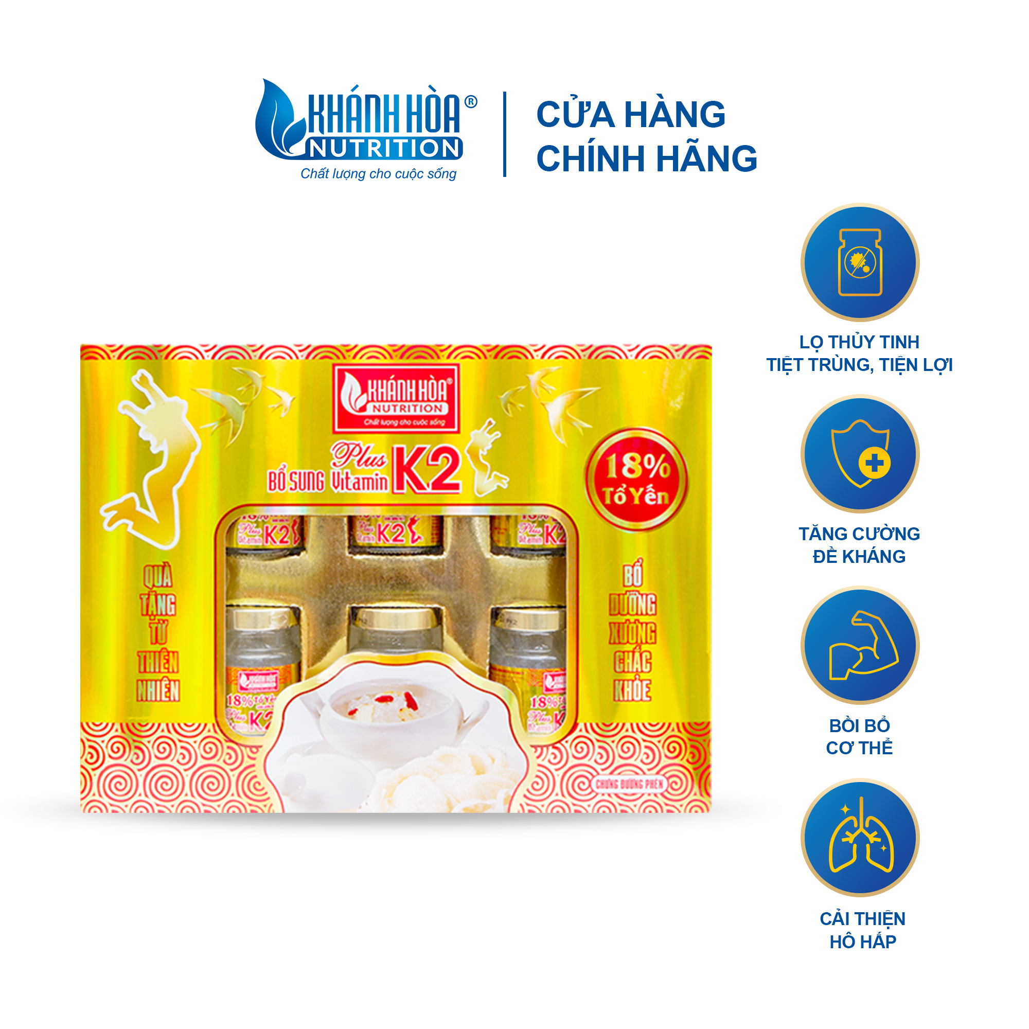 Hộp Quà Tổ Yến Chưng Đường Phèn 18% Bổ Sung Vitamin K2 Khánh Hòa Nutrition - Hộp 6 lọ x 70ml