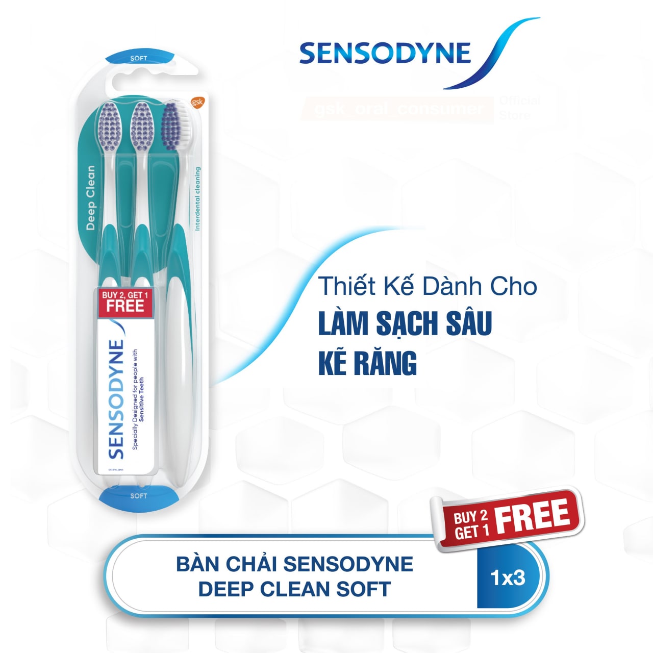 Bộ Bàn Chải Đánh Răng SENSODYNE DEEP CLEAN SOFT Làm Sạch Sâu Kẽ Răng Vỉ 3 Cái (Mua 2 tặng 1)