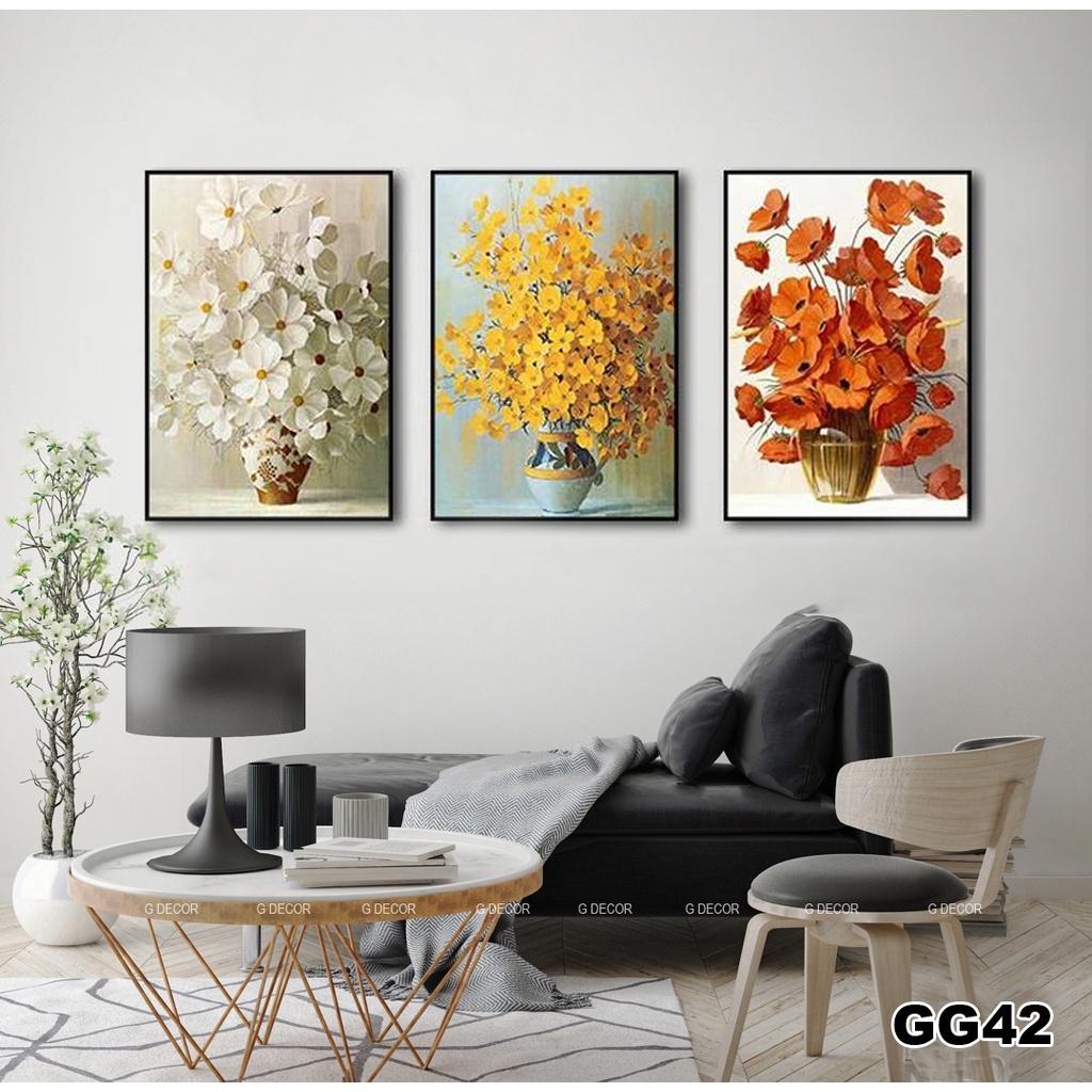 Tranh treo tường canvas 3 bức phong cách hiện đại Bắc Âu 99, tranh bình hoa trang trí phòng khách, phòng ngủ, phòng ăn