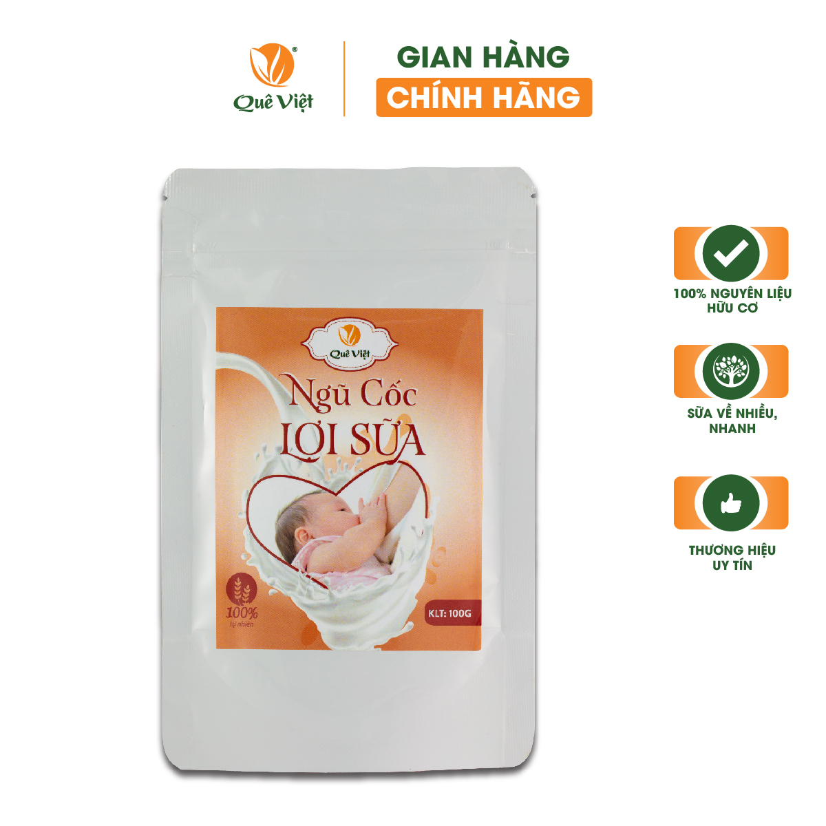 Ngũ cốc lợi sữa Quê Việt 100% nguyên liệu hữu cơ, sữa về nhiều, nhanh, bổ sung dinh dưỡng cho bé gói 100gr