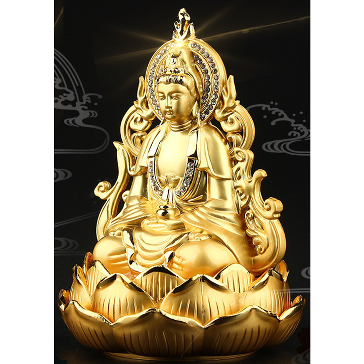 Tượng Phật Bà Quan Thế Âm Bồ Tát hai mặt tọa đài sen vàng đính đá cao cấp trang trí Taplo Ô Tô Xe Hơi