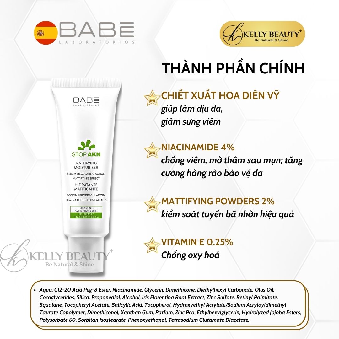 Kem Dưỡng Kiềm Dầu Ngừa Mụn BABE Stop AKN Mattifying Moisturiser - Kelly Beauty
